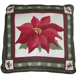 Vintage Embroidered Square Poinsettia Mistletoe Christmas Pillow Needlepoint 16